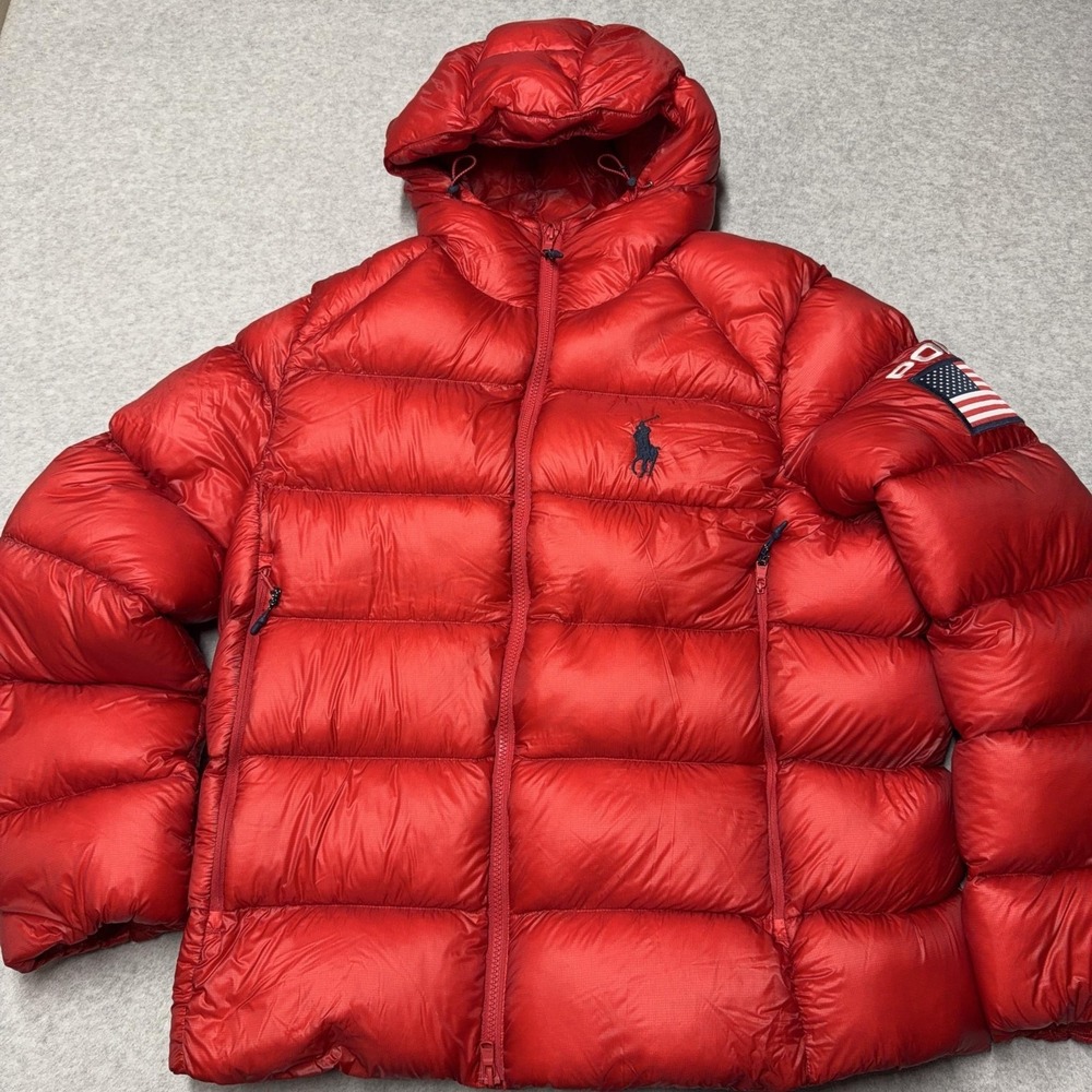 Polo Ralph Lauren Hawthorne Flag Down Jacket Mens Medium Red Hooded Puffer USA